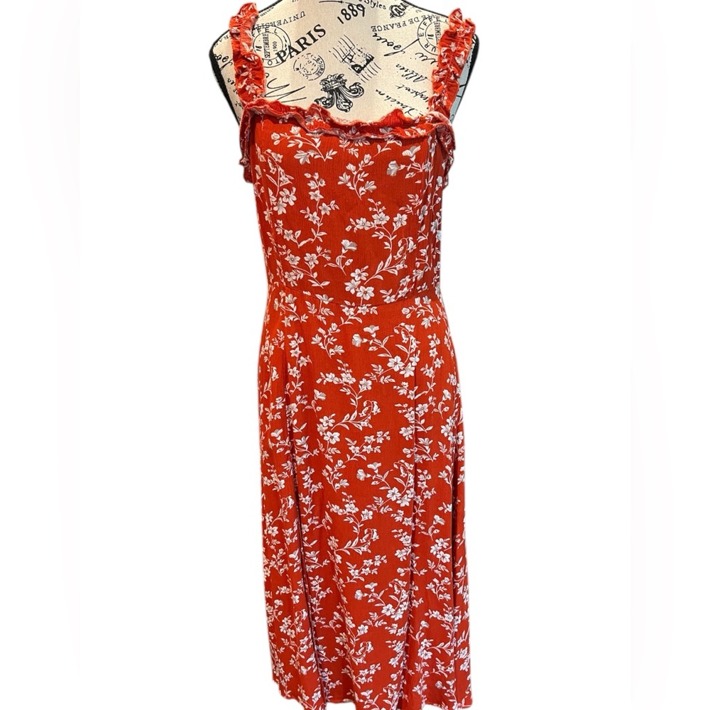 Rust Floral Midi Dress with Ruffled Straps